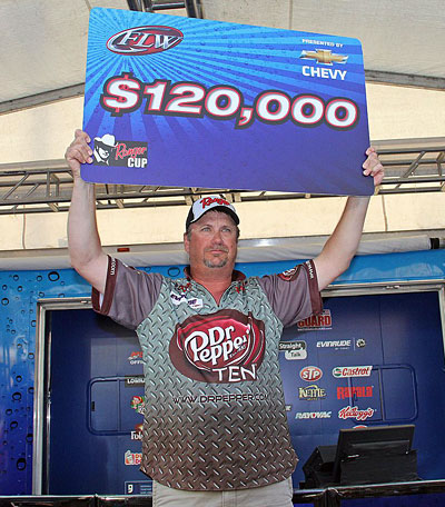 Osage Beach MO boater Brian Maloney won the 2012 BFL All-American and $120,000 primarily using a black Garneau Baits Slam Stick. Credit: David A Brown