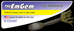The EmGem salt impregnated hand poured soft plastic skirted short paddle tail bass fishing worm