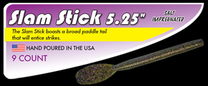 5.25" Slam Stick salt impregnated hand poured soft plastic stick worm with broad paddle tail